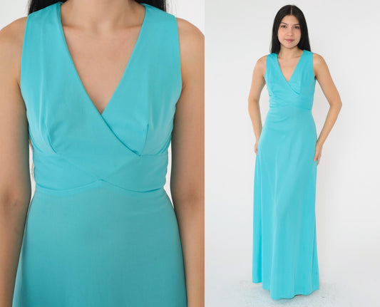 70s Turquoise Maxi Dress V Neck High Waist Sleeveless Gown Extra Small
