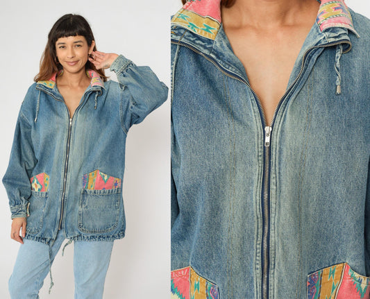 90s Southwestern Denim Jacket Blue Aztec Patch Jean Coat Medium M