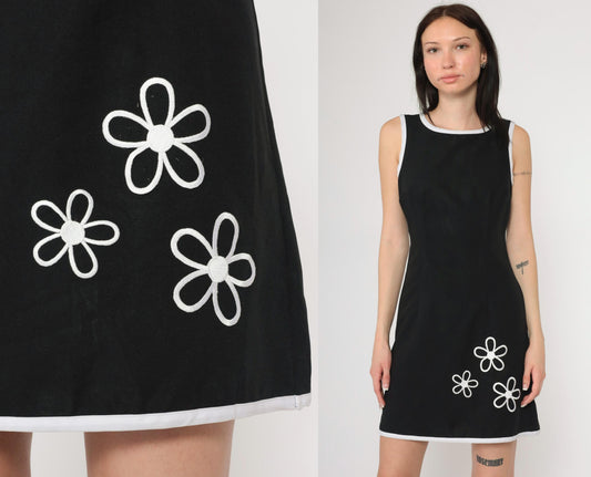 90s Iz California Black Floral Mini Dress Sleeveless White Print Small