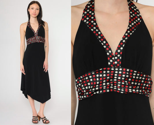 Y2K Black Halter Neck Midi Dress Polka Dot Empire Waist High Low Hem Medium