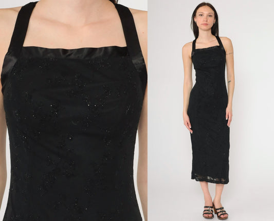 90s Black Flocked Velvet Midi Dress Criss-Cross Satin Straps Y2K Extra Small