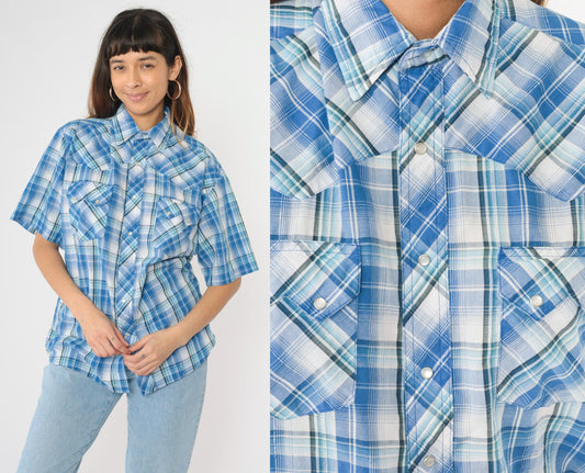 90s Rustler by Wrangler Western Shirt Blue Plaid Pearl Snap Metallic Large