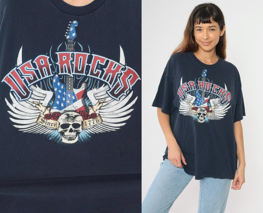 USA Rocks Skull Guitar Graphic T-Shirt Navy Cotton Crewneck Extra Large XL