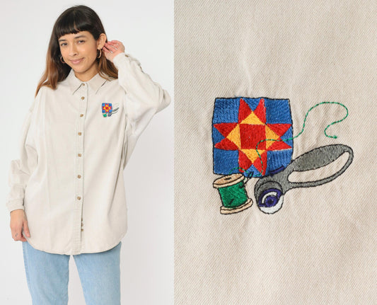 90s Three Rivers Beige Denim Shirt Quilting Embroidery Button Up Extra Large XL