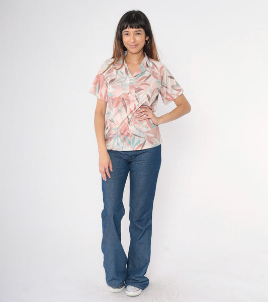80s Botanical Leaf Print Blouse Pastel Blue Button-Up Collared Shirt Medium