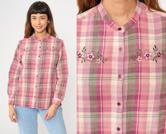 Y2K Blair Pink Plaid Floral Embroidered Button-Up Blouse Cotton Medium