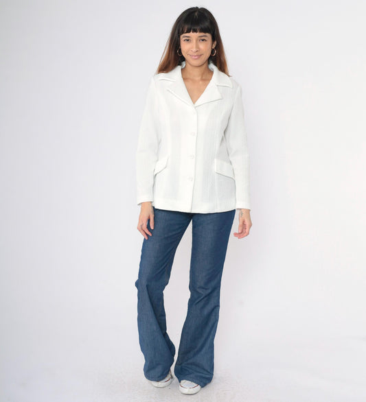 70s White Textured Polyester Blazer Button-Up Jacket Deep V Small
