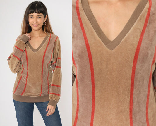 80s Bay Club Velour Sweatshirt Brown Red Striped V-Neck Small