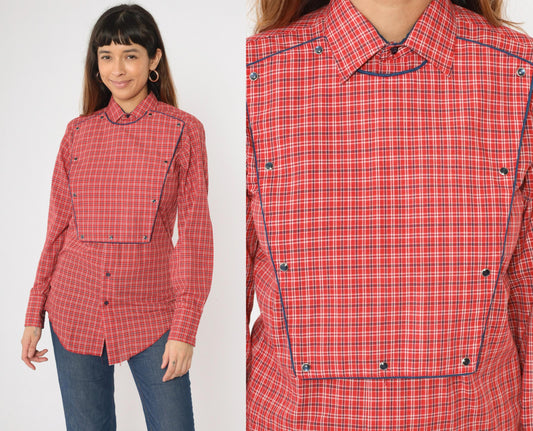 70s Western Shirt Red Plaid Pearl Snap Bib Front Long Tail Small S