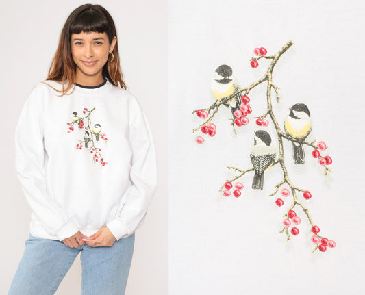 90s Chickadee Bird Sweatshirt White Double Collar Graphic Crewneck Large L