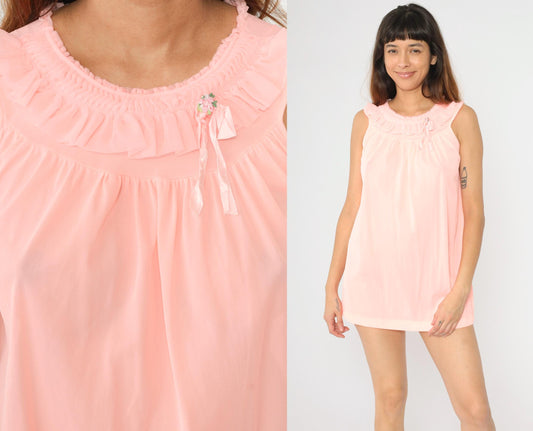 60s Pink Nylon Babydoll Nightgown Ruffle Yoke Slip Dress Small