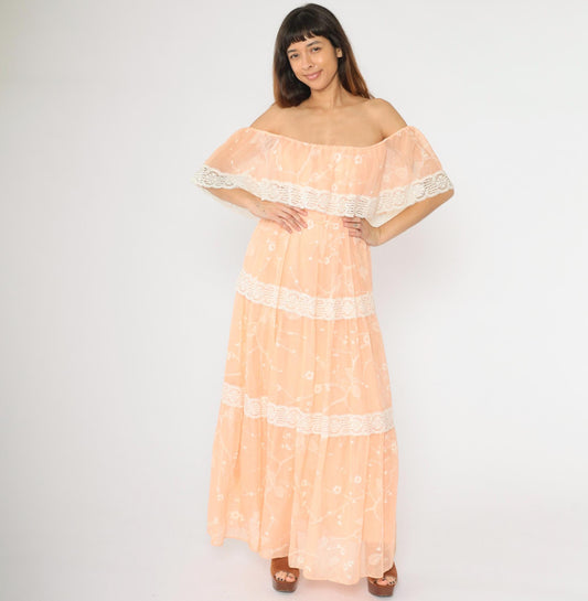 70s Peach Floral Off-Shoulder Maxi Dress Lace Tiered Peasant Small