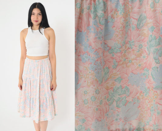 80s Pastel Floral Tiered Midi Skirt High Waist Pink Blue Small