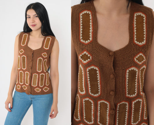 70s Brown Suede Crochet Vest Top Sleeveless Button Front Small