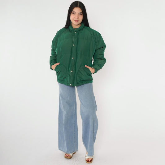 80s Green Down Puffer Jacket Nylon Ski Coat Snap Front Large L