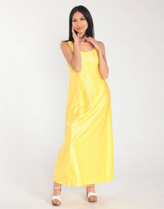 70s Yellow Empire Waist Maxi Dress Sleeveless Ankle Length Small