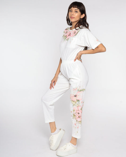 80s Hand Painted Floral Jumpsuit White High Waisted Button Back Short Sleeve Extra Small XS