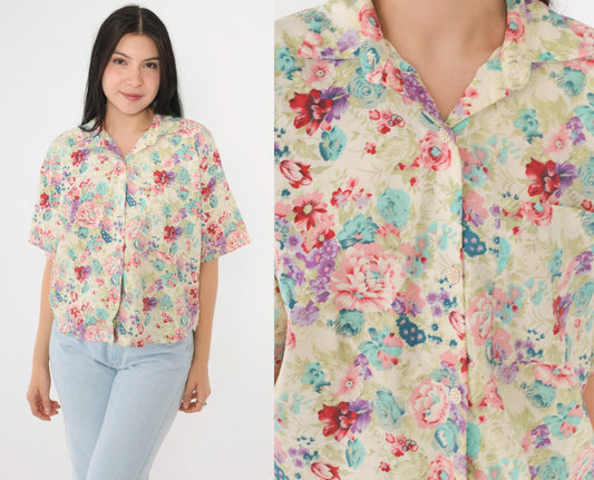 90s Judy Knapp Floral Button Up Blouse Pearl Cluster Off-White Pink Blue Small