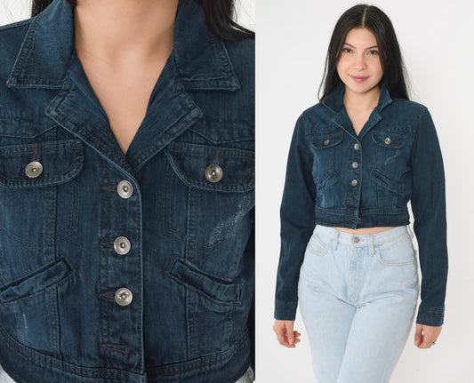 L.E.I. Cropped Dark Denim Jacket Y2K Button Front Fitted Small