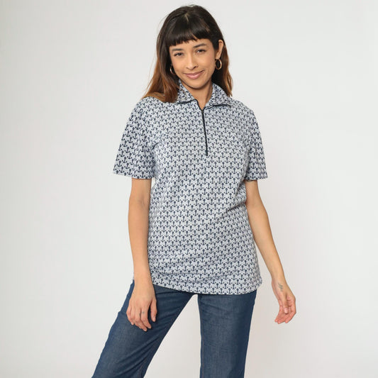 70s Nautical Anchor Print Quarter Zip Collared Top Blue Short Sleeve Medium Tall