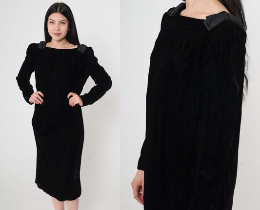 80s Victor Costa Black Velvet Midi Dress Bow Shoulders Long Sleeve Medium