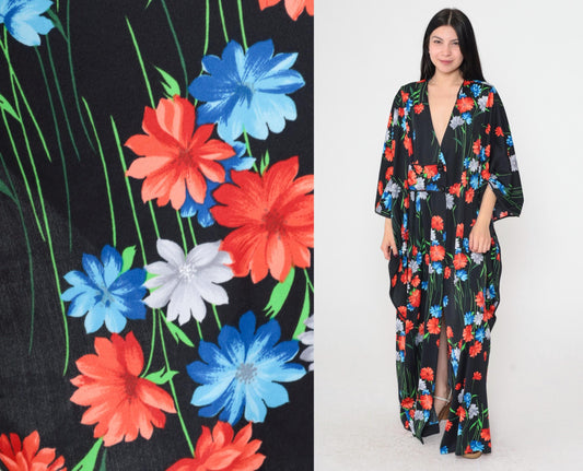 70s Black Floral Maxi Dress Kimono Sleeve Button Front Slit One Size