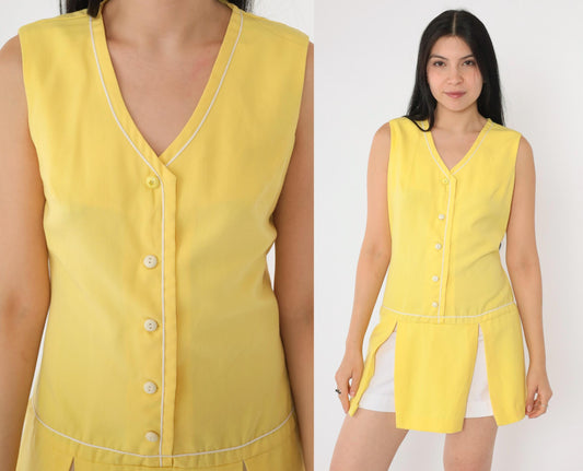1960s Mod Yellow Mini Dress Drop Waist Button Front White Piping Small S