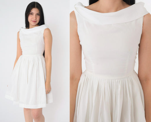 60s White Pleated Mini Dress High Waist Tie Back Skater Sleeveless Extra Small