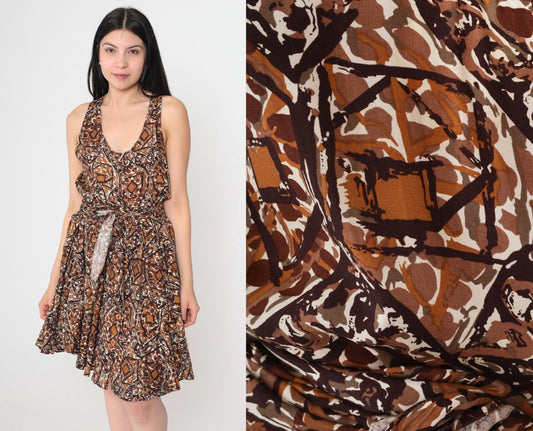 90s Brown Abstract Print Sleeveless Midi Dress Scoop Neck Racerback Small S