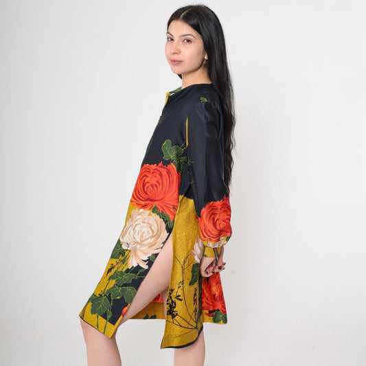 70s Geometric Floral Mini Dress Black Long Sleeve Front Zip High Slit Small