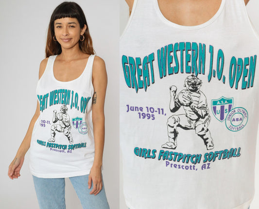 90s Great Western Junior Olympic Softball Tank Top White Cotton Graphic Large