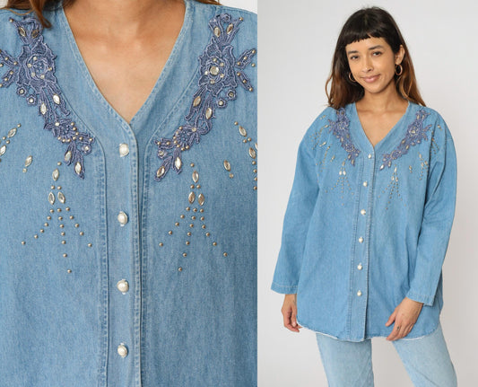 90s Blue Denim Beaded Button-Up Shirt Lace Applique Western V-Neck Extra Large