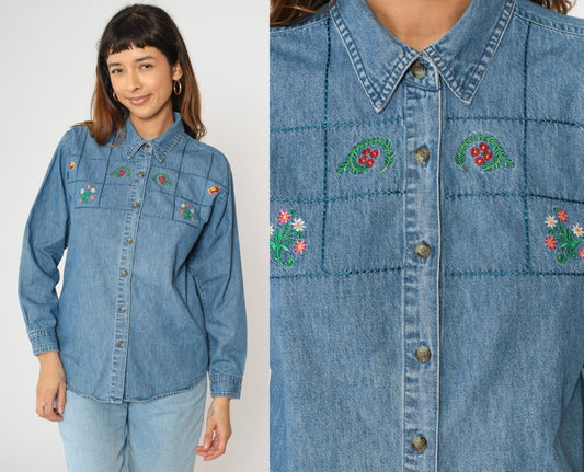 90s River Blues Floral Embroidered Denim Button-Up Shirt Blue Medium M