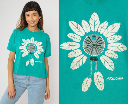 90s Arizona Turquoise Southwest Graphic Cropped T-Shirt Native American Maze Large