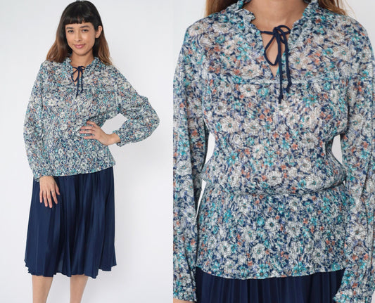 70s Blue Floral Lace Midi Dress Long Sleeve Ruffle Collar Smocked Waist Medium Large