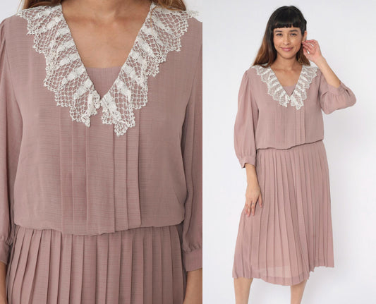80s Mauve Pleated Midi Dress Lace Collar Long Sleeve Medium M