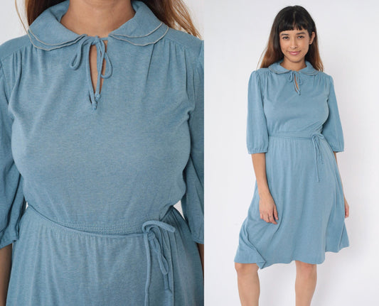 70s Monique Blue Midi Dress Peter Pan Collar Puff Sleeve Smocked Waist Small