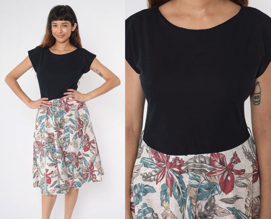 80s Tropical Floral Midi Dress Black Bodice Cap Sleeve V-Back Medium M