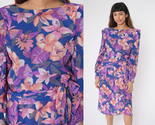 80s Tropical Floral Midi Dress Purple Hibiscus Print Puff Sleeve Tie Waist Medium