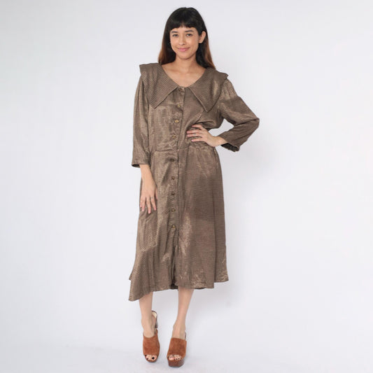 80s Gold Metallic Button-Down Midi Dress Wide Collar Long Sleeve Medium Large