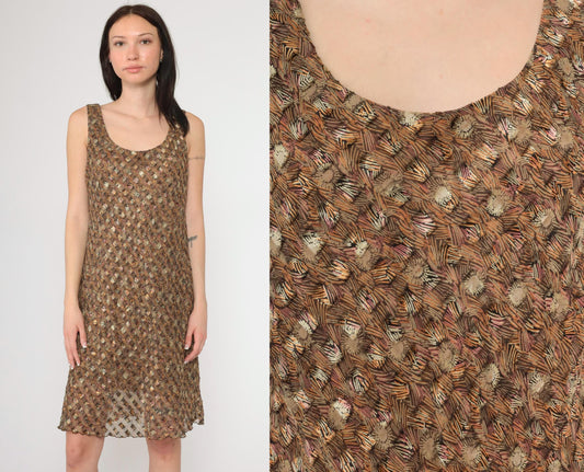 90s Sheer Metallic Floral Abstract Chiffon Mini Dress Scoop Neck Sleeveless Large L