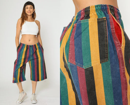 90s Venetian Paradise Bags Of Flavor Striped Denim Shorts Multicolor High Waist One Size