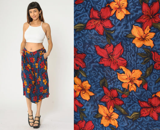 90s Maggie Lawrence Tropical Floral Midi Skirt High Waist Button Up Large L