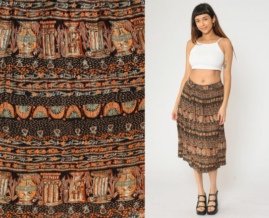 90s Broomstick Midi Skirt Black Orange Vase Print Crinkle Rayon Medium M