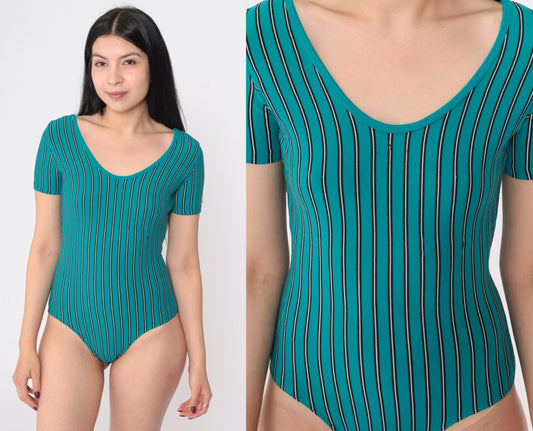 80s Striped Teal Leotard Scoop Neck Short Sleeve Bodysuit Extra Small XS