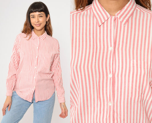 90s Gap Pink Striped Rayon Blouse Long Sleeve Button Up Chest Pocket Medium