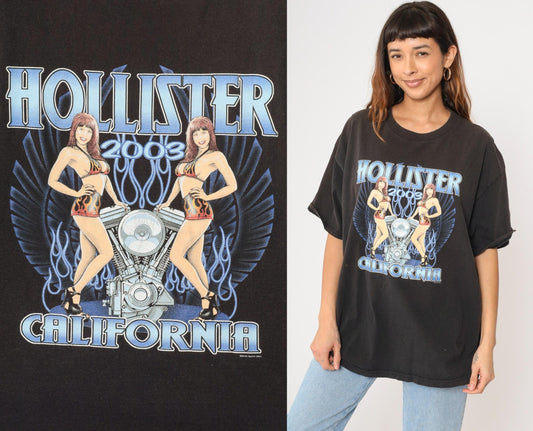 2003 Hollister July 4th Biker Rally T-Shirt Flame Winged Engine Black Graphic Extra Large XL