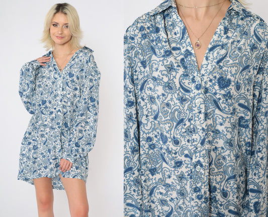 90s Blue Paisley Button-Up Blouse White Long Sleeve Collared Extra Large