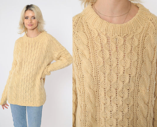 80s Yellow Cable Knit Sweater Crewneck Pullover Semi-Sheer Large L