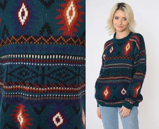 90s Early Winters Wool Southwestern Sweater Teal Geometric Roll Neck Medium M